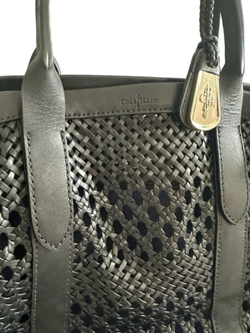 Cole Haan Black Woven Leather Tote with Shoulder Strap